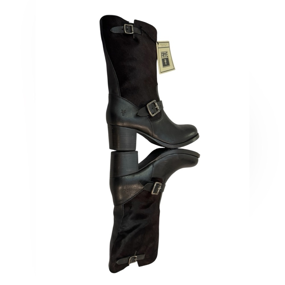 Frye Veronica Black Calf Hair Leather Moto Boots Size 10
